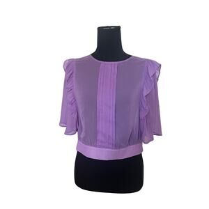 French Connection Lilac Semi Shear 3/4 Sleeve Blouse with Ruffle Detail - Small